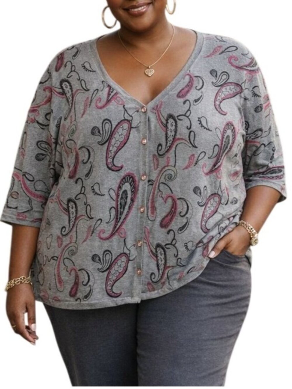 Plus Size 3X Top Button-Up V-Neck Cardigan Sweater 3/4 Sleeves Grey Paisley